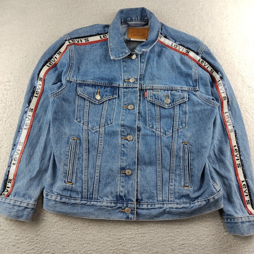 Levi's Denim Jean Jacket Trucker Women's Large Designer Ribbon Sequins